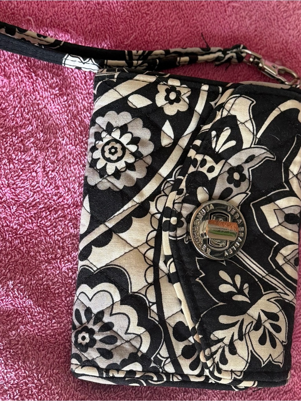 Vera Bradley Black and Ivory Floral Quilted Wristlet